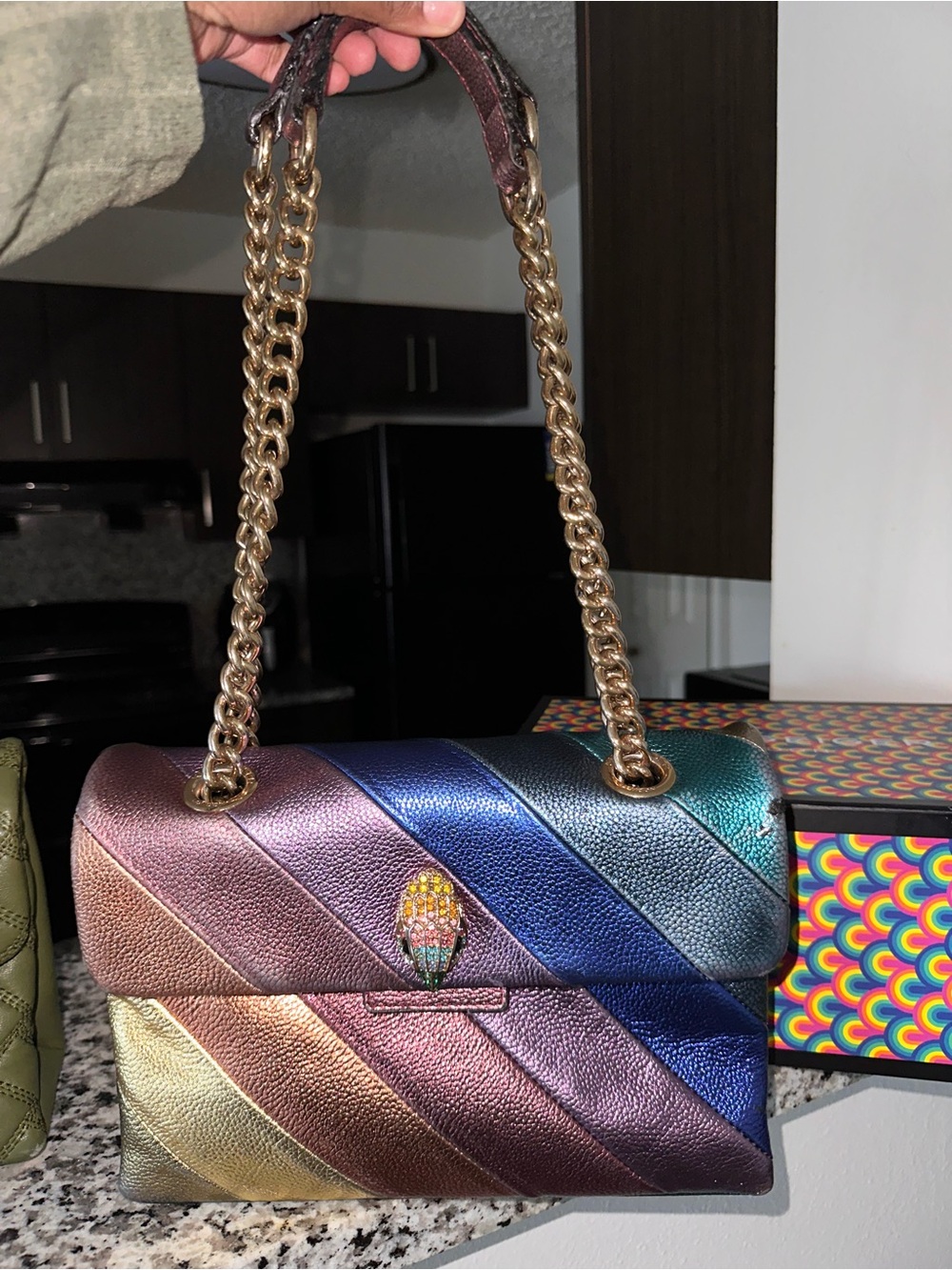 Metallic Multi-Color Chevron Shoulder Bag with Gold Chain